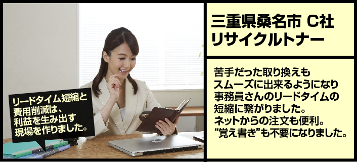 【三重県桑名市C社リサイクルトナー】苦手だった取り換えもスムーズに出来るようになり事務員さんのリードタイムの短縮に繋がりました。ネットからの注文も便利。覚え書きも不要になりました。